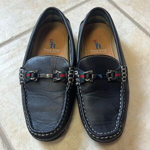 Young Kings red green stripe black faux leather kid dress shoes